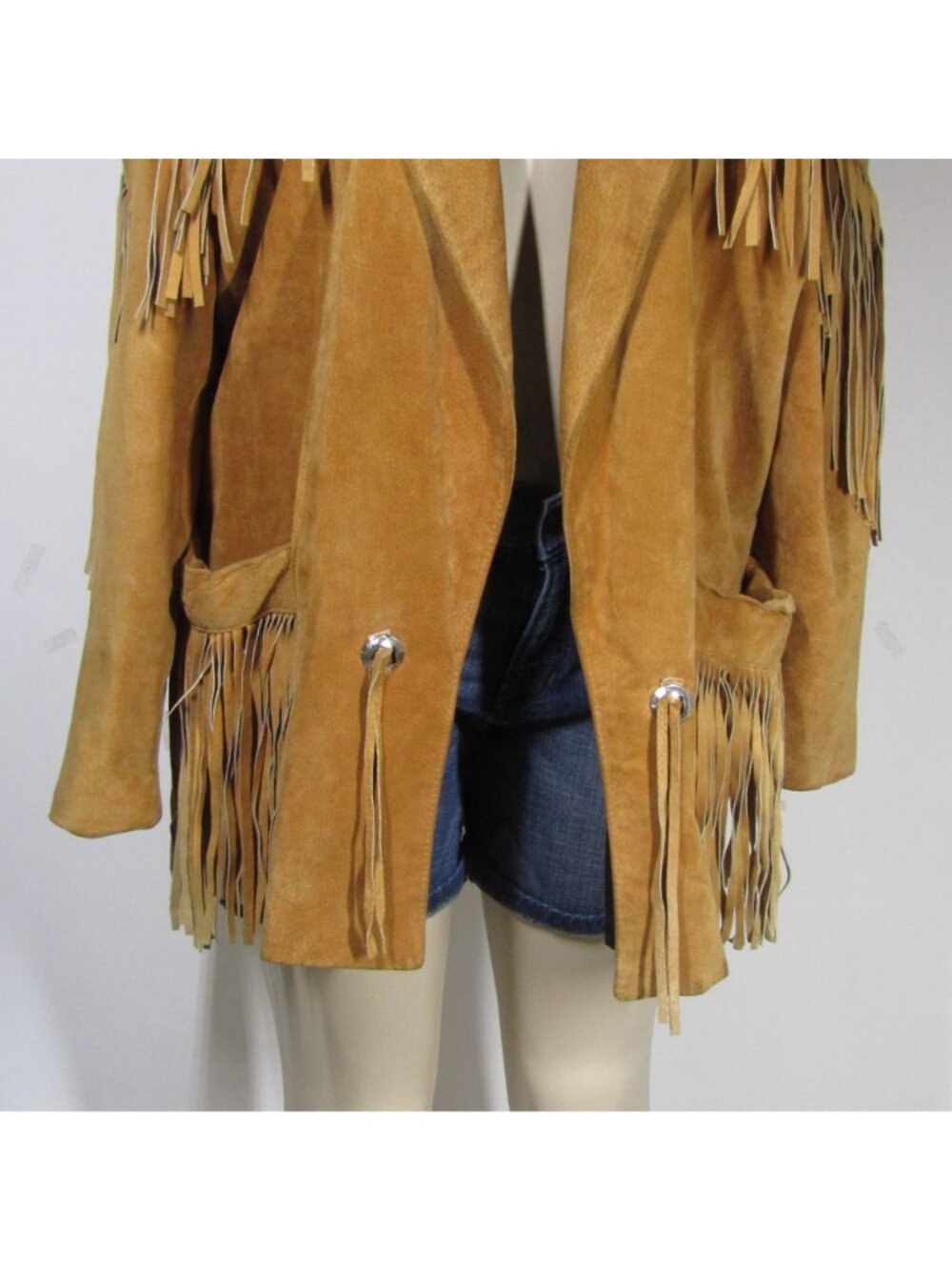 VTG Pig SUEDE Leather FRINGE 80s Caramel Brown Western Cowgirl Rodeo Jacket L - Picture 4 of 12